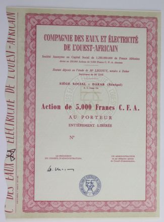 Акция Водоснабжение и электроснабжение Западной Африки, 5000 франков, Франция